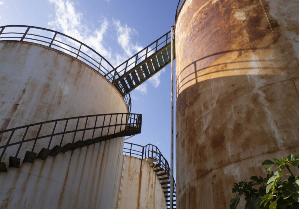 Steel panels, spiral staircase &amp; railing of a fossil fuel storage tank