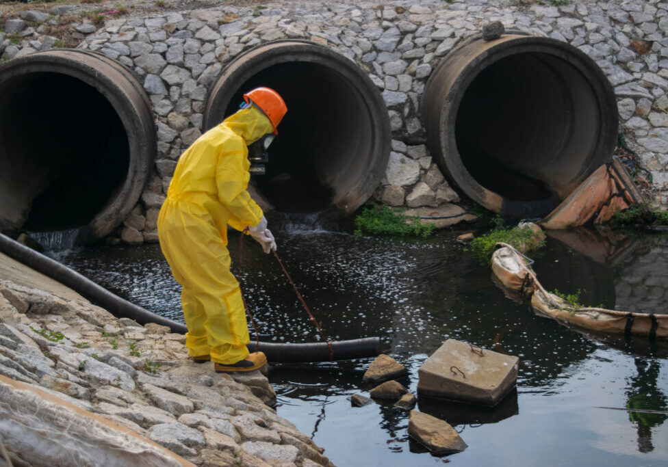 Environmental factory workers are checking oil stains from the factory effluent system. Pollution industry .